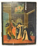 Icoana veche ortodoxa pictata pe lemn - Vedenia Sfantului Serghie de Radonej - Scoala Rusa / Rusia - jumatatea secolului XIX