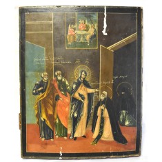Icoana veche ortodoxa pictata pe lemn - Vedenia Sfantului Serghie de Radonej - Scoala Rusa / Rusia - jumatatea secolului XIX