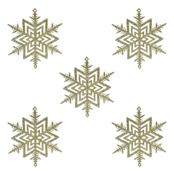 Set Ornamente Brad Crăciun, Fulgi, Glitter, Bej, 10 cm, 5 Bucăți