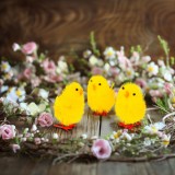 Decoratiune Paste, pui galbeni, set 3 buc, 6,7 x 5 cm, plastic si textile