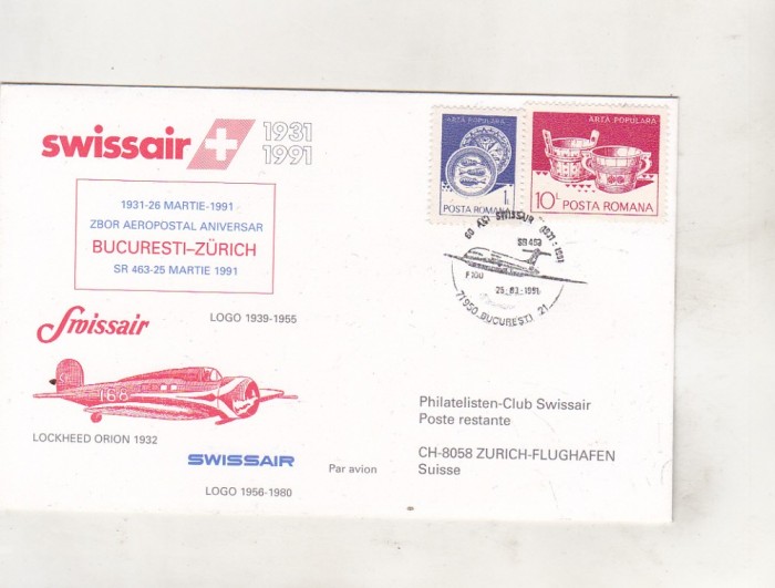 bnk fil Plic ocazional Zbor aniversar Swissair 1931-1981 Bucuresti Zurich