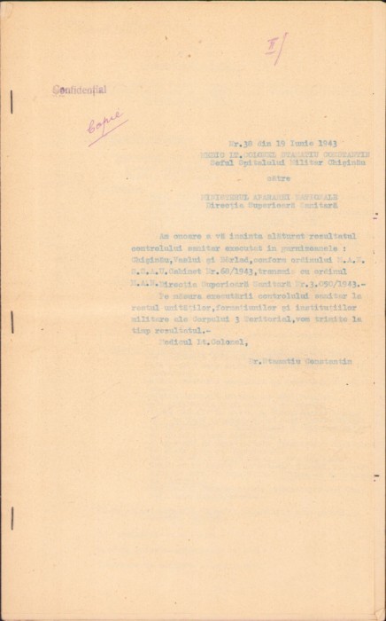 A2684N Raport sanitar garnizoanele Chișinău Vaslui B&acirc;rlad 1943