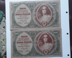 bancnota coroane - 50 000 kronen austria 1922 fara stea in fata seriei - consecutive
