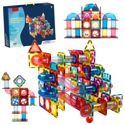 Set de Constructie Magnetic cu Tevi Tiles 3D si minge colorata, Jucarie Educationala STEM VisionHub&amp;reg;, 136 Piese, magnetice cu forme multiple, Dezvolta foto