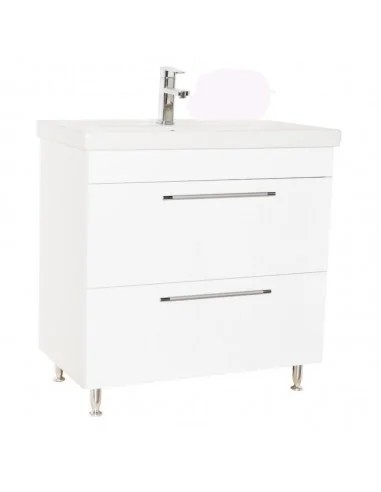 Baza si lavoar ceramic GN0541, mobilier baie 80 cm, 2 sertare front MDF, glisiere soft close, picioare cromate reglabile, alb