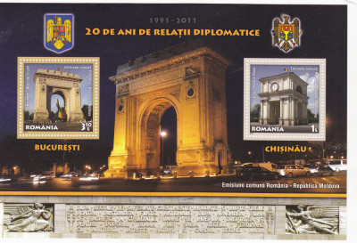 ROMANIA 2011 LP 1918a &amp;quot;20 ani relatii dipl. Romania-Moldova &amp;quot; , colita 516 ,MNH foto