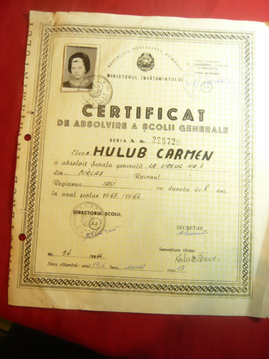 Certificat Absolvire Scoala Gen. la Liceul 3 Barlad 1966