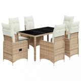 Cumpara ieftin Set bistro de gradina, 7 piese, cu perne, bej, poliratan