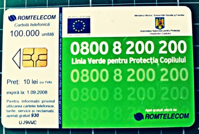 Cartela telefonica Romtelecom 10 lei Abstract Linia Verde pentru Protectia Copilului UJ9VWC 100.000 unitati expira 01.09.2008 foto