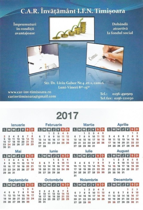 Romania, C.A.R. Invatamant Timisoara, calendar de buzunar, 2017