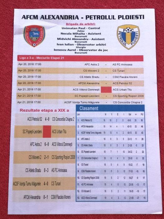 Program meci fotbal AFCM ALEXANDRIA - PETROLUL PLoiesti (20.04.2018)