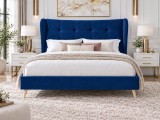 Pat Almera 180x200 cm Tapitat Catifea Albastru Somiera Inclusa (cod ML 2227-19)