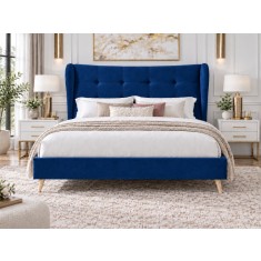 Pat Almera 180x200 cm Tapitat Catifea Albastru Somiera Inclusa (cod ML 2227-19)