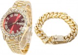 Cumpara ieftin Set Ceas Iced Out Gold Red + Bratara Cuban, insertii din zirconiu, otel inoxidabil, dispozitiv pentru ajustare, impachetare premium, auriu