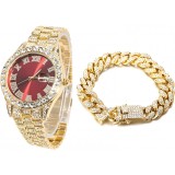 Set Ceas Iced Out Gold Red + Bratara Cuban, insertii din zirconiu, otel inoxidabil, dispozitiv pentru ajustare, impachetare premium, auriu