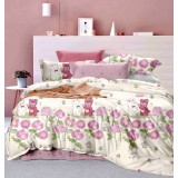 Lenjerie pat single,bumbac finet,4 piese,cearceaf normal,alba cu flori colorate si ursuleti-A837