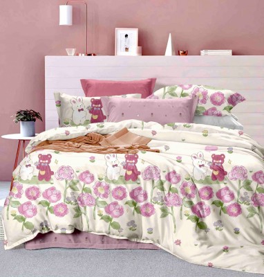 Lenjerie pat single,bumbac finet,4 piese,cearceaf normal,alba cu flori colorate si ursuleti-A837 foto