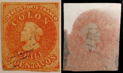 Chile,1861, Scott 9b (orange red), filigran &amp;quot;b&amp;quot; foto