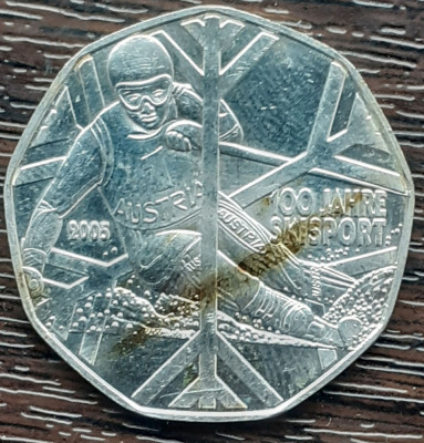 (A919) MONEDA DIN ARGINT AUSTRIA - 5 EURO 2005, 100 ANI SKI SPORT foto