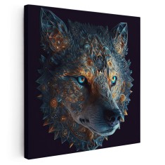 Tablou cap lup cu ornament forme geometrice, gri, galben 1639 Tablou canvas pe panza CU RAMA 30x30 cm