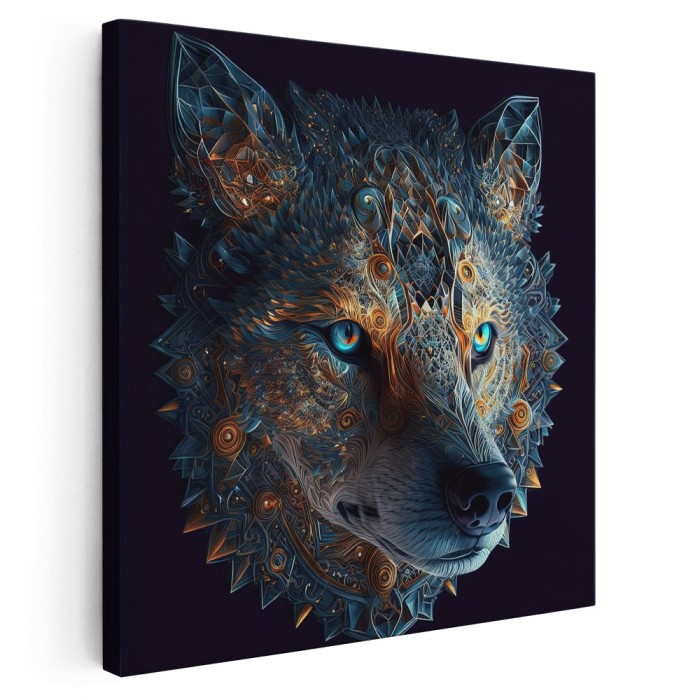 Tablou cap lup cu ornament forme geometrice, gri, galben 1639 Tablou canvas pe panza CU RAMA 40x40 cm
