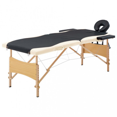 vidaXL Masă pliabilă de masaj, 2 zone, negru și bej, lemn foto