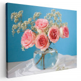 Tablou vaza flori trandafiri roz Tablou canvas pe panza CU RAMA 60x80 cm