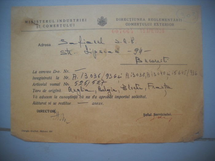 HOPCT DOCUMENT VECHI 303- MINISTERUL INDUSTRIEI COMERT EXTERIOR /BUCURESTI 1936