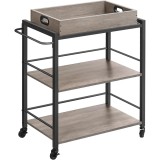 VASAGLE Carucior de servire pe roti pentru bucatarie, 3 polite, tava detasabila, stil industrial, 40x72x86cm, gri stejar