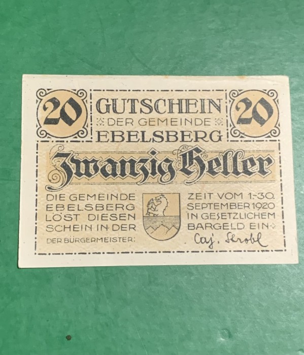 Bancnota Notgeld 20 heller 30 septembrie 1920