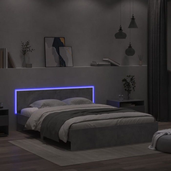 vidaXL Cadru de pat cu tăblie și LED, gri beton, 160x200 cm