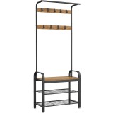 VASAGLE Cuier pentru haine, cu banc de depozitare a pantofilor, cu 9 carlige detasabile, o sina pentru haine, 34x72x183cm, industrial, nuc rustic si n