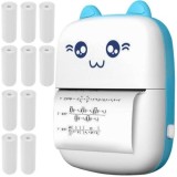 Cumpara ieftin Mini imprimanta termica, portabila, Bluetooth, 11 role incluse, compatibila iOS Android, incarcare USB-C, design pisica, 11 x 7.8 x 3.7 cm, alb abastr