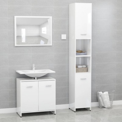 Set mobilier de baie, 3 piese, alb extralucios, lemn prelucrat foto
