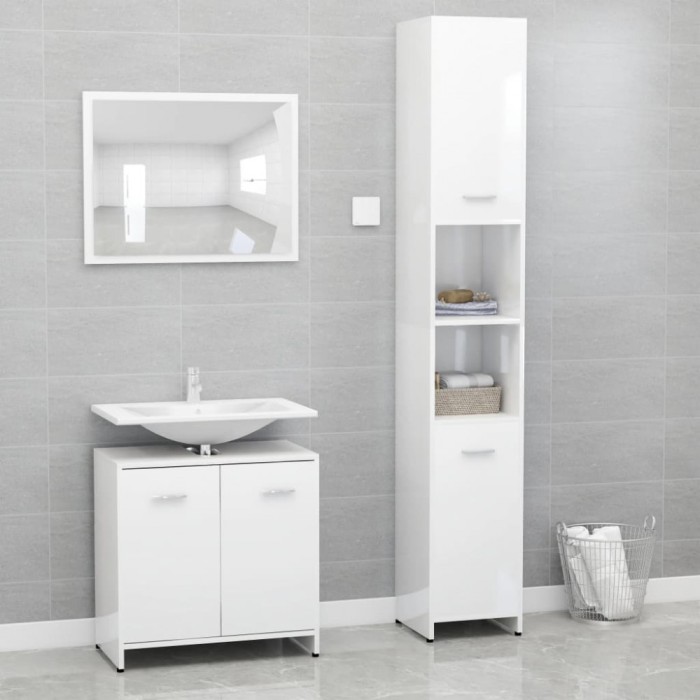 Set mobilier de baie, 3 piese, alb extralucios, lemn prelucrat