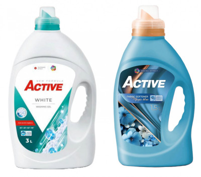 Detergent lichid pentru rufe albe Active, 3 litri, 60 spalari + Balsam de rufe Active Magic Blue, 1.5 litri, 60 spalari foto