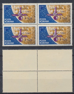 ROMANIA 1965 timbru cosmos supratipar Ranger 9 in bloc de 4 MNH foto