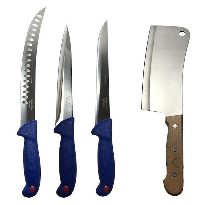 Set profesional de macelarie, filetat, dezosat, transat, injunghiat, 3 cutite, satar