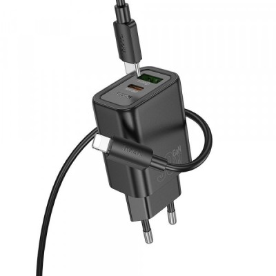 Incarcator Retea Cu Cablu Lightning HOCO N63, 30W, 3A, 1 x USB-A - 1 x USB-C, Negru foto