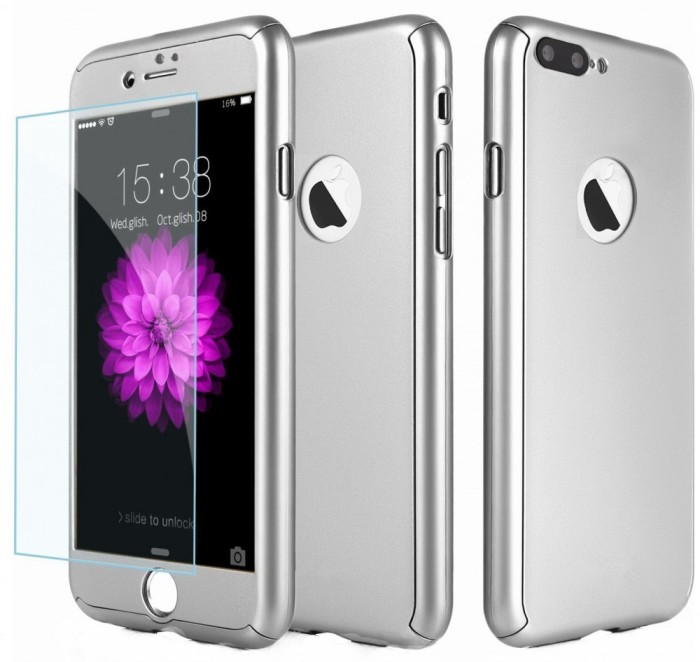 Husa Full Cover (fata + spate + folie sticla) pentru iPhone 7 Plus, Silver