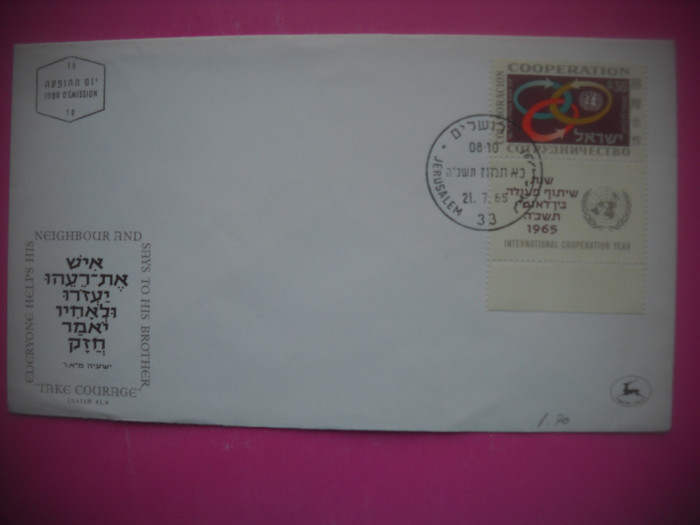 HOPCT PLIC S FDC 1914 ANUL COOPERARII INTERNATIONALE 1965 ISRAEL