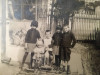 Foto veche, grup de copii cu jucarii, aprilie 1928, Rom&acirc;nia, cal de lemn, păpușă