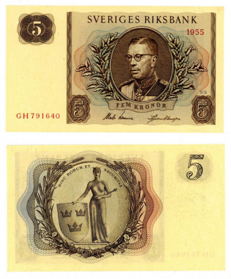 SUEDIA █ bancnota █ 5 Kronor █ 1955 █ P-42b █ UNC necirculata foto
