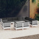 Gossi set mobilier gradina cu perne, 12 piese, alb, lemn masiv pin