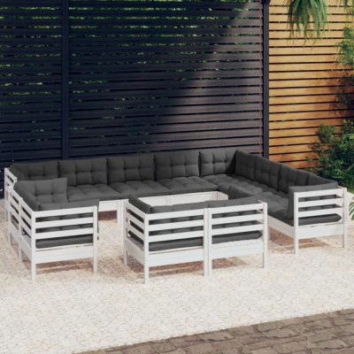 vidaXL Set mobilier grădină cu perne, 12 piese, alb, lemn masiv pin 3096948 foto