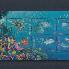 223-AUSTRALIAI- PESTI-Colita cu 6 timbre si stampila ADELAIDE 10 1995 MNH
