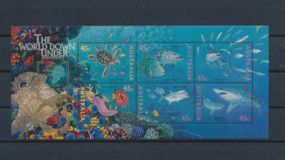 223-AUSTRALIAI- PESTI-Colita cu 6 timbre si stampila ADELAIDE 10 1995 MNH foto