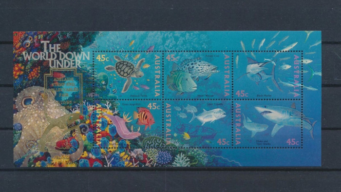 223-AUSTRALIAI- PESTI-Colita cu 6 timbre si stampila ADELAIDE 10 1995 MNH