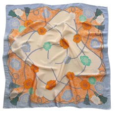 Esarfa satin alba cu flori portocalii si albastre