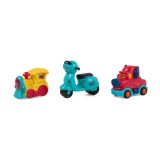 Set 3 Vehicule Inertie MomKi - Masinuta Rosie, Tren Galben, Scuter Albastru, +18 Luni
